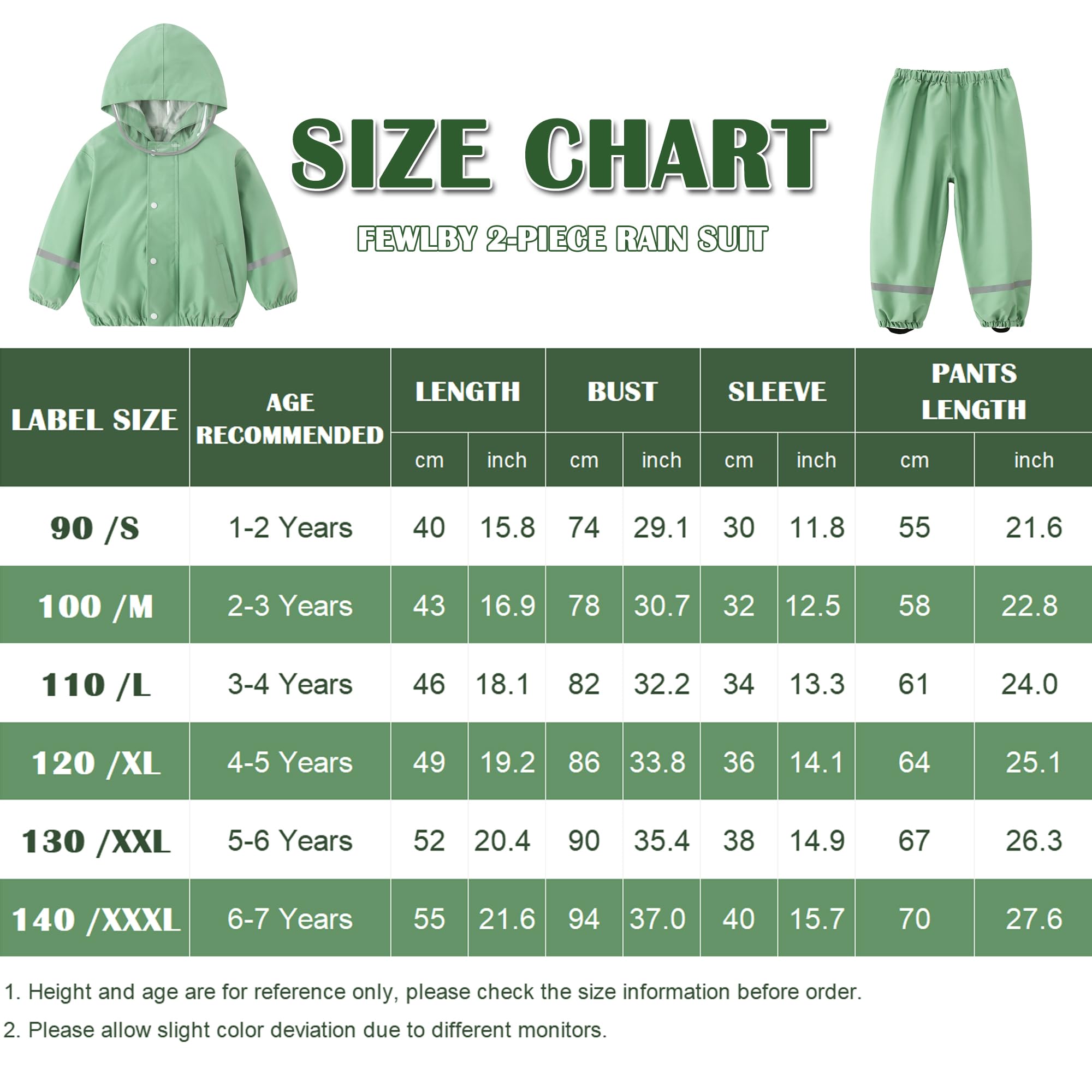 Fewlby Regenanzug Kinder Matschanzug, Mädchen Jungen Regenjacke und Regenhose Regen-Anzug 2PCS Set, Wind- und wasserdichte Zweiteiliger Regenbekleidung
