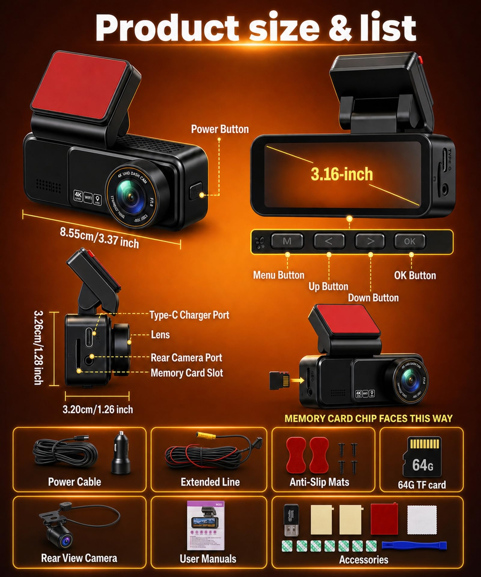 Rimoody Dashcam 4K con GPS, Doppia Telecamera Auto 3.16 Pollici, 4K Frontale + 2K Posteriore, Angolo 150°+120°, WiFi Dual-Band 2.4/5.8GHz, ADAS, Registrazione Ciclica, G-Sensor, Include Scheda 64GB