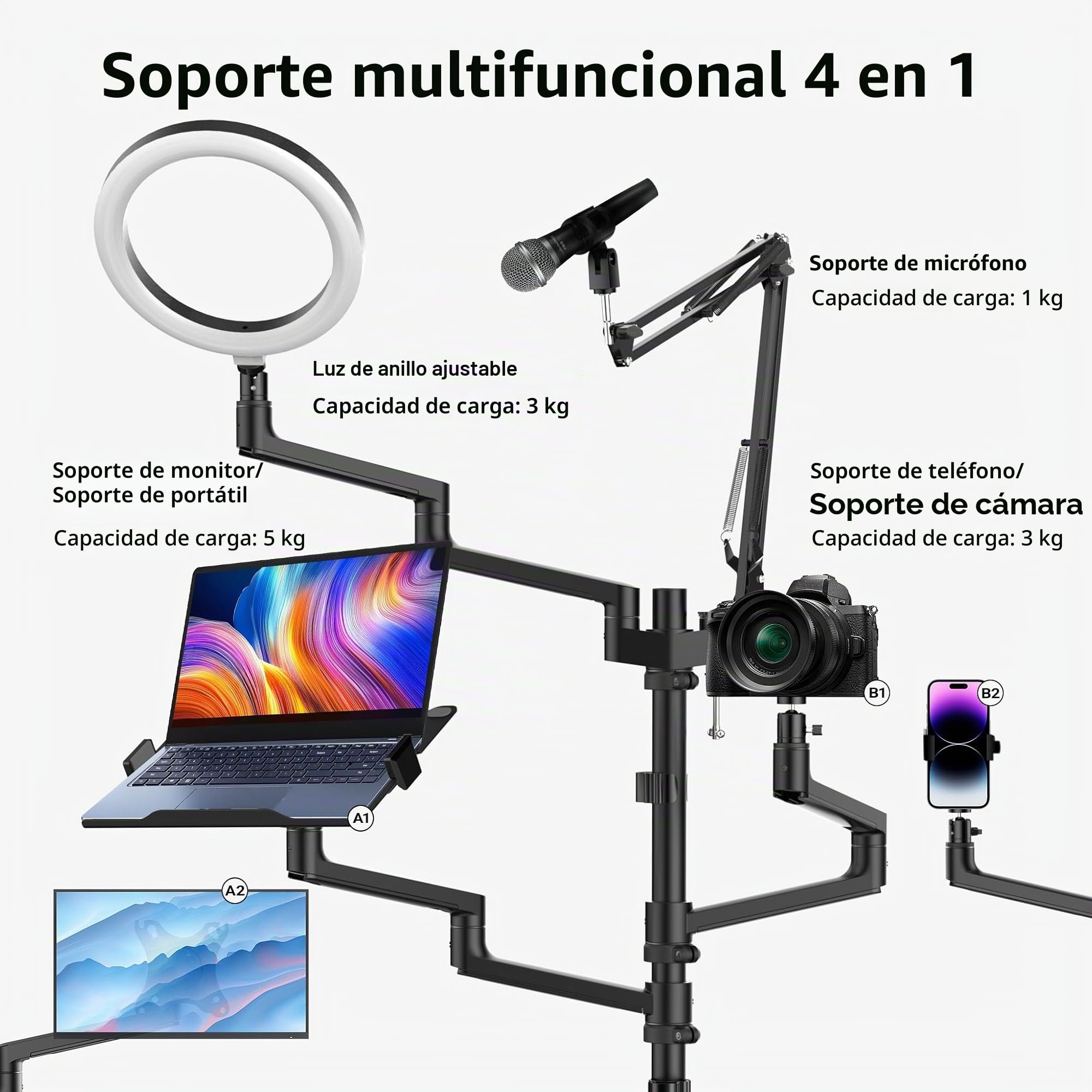 WilTec Soporte de Streaming 4 en 1 99,6x15,2 x143 cm Base con Ruedas 1 Brazo de micrófono 3 Brazos articulados para cámara, Anillo de luz y Monitor/Ordenador Base de Broadcast