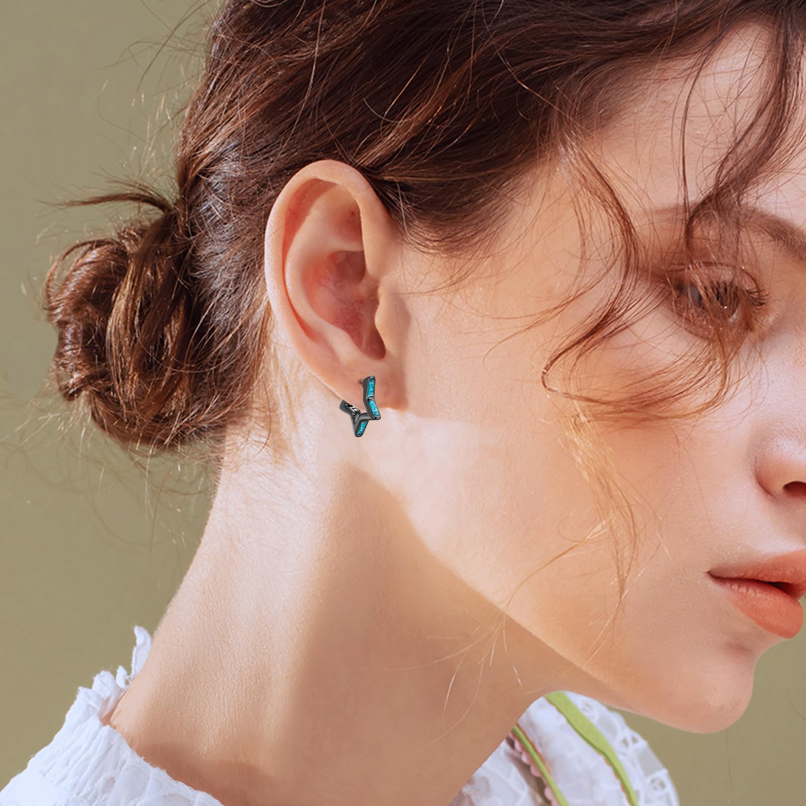 Pendientes de estrella de plata de ley 925, pequeños aretes de aro negros con turquesa, regalos para hombres y mujeres