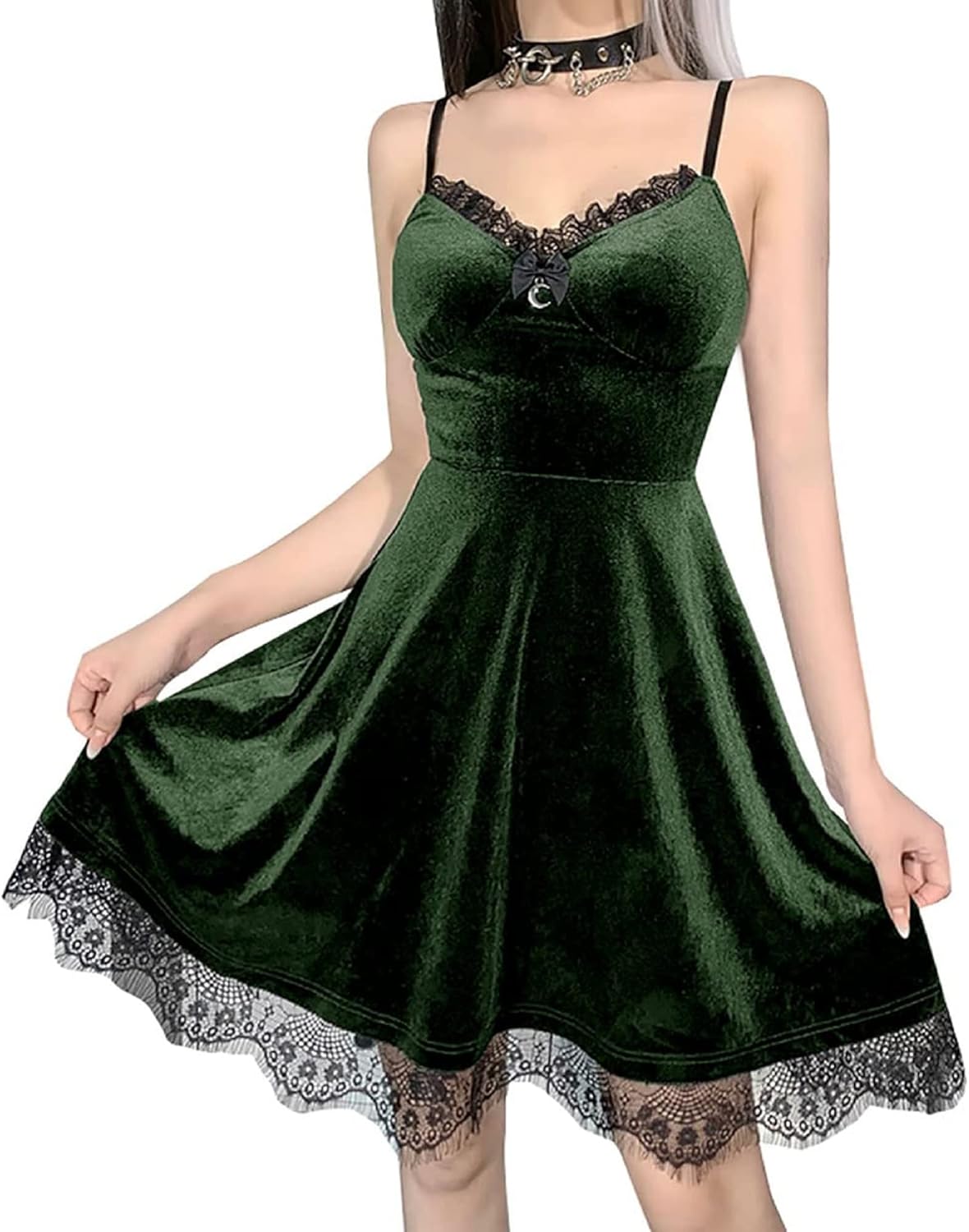 TSMNZMU Womens Gothic Lolita Dress Velvet Moon Camisole Dresses Sleeveless Punk Grunge Emo Dress Goth Alt Witchy Fairy Dress - Image 2