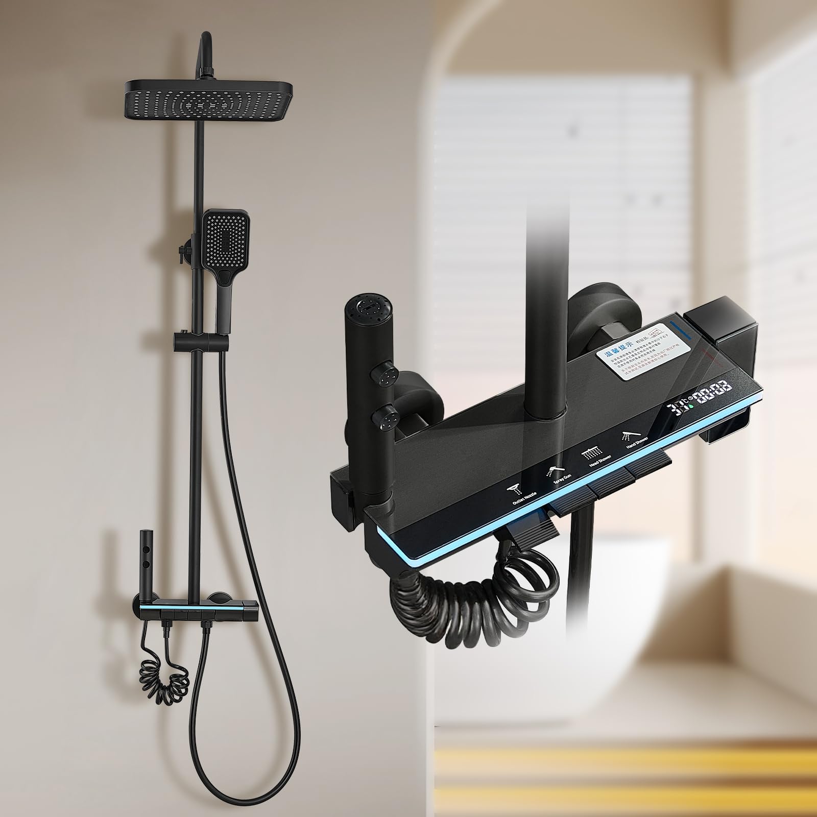 STANEW Titanium Black Shower Column with Square Head, 4 Jets Shower Column, LED Display, Hand Shower with 3 Modes, Adjustable Height — image 1