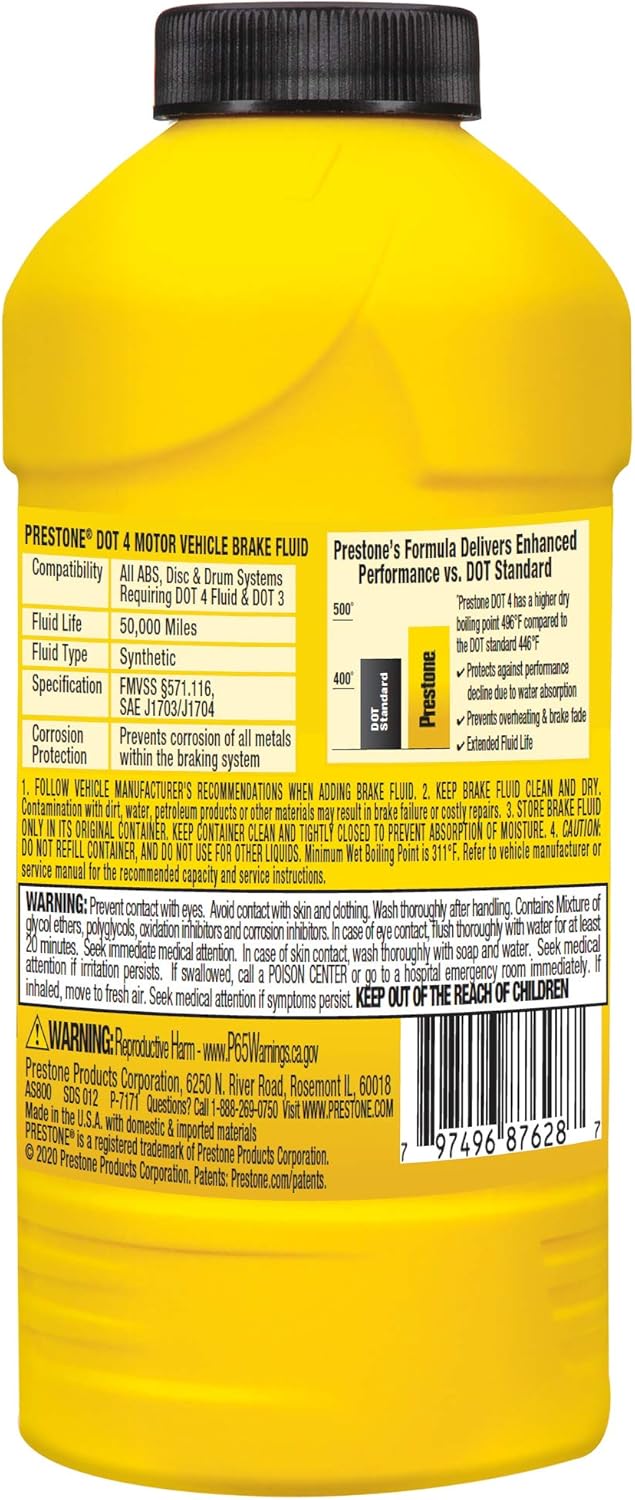 Prestone AS800Y-6PK DOT 4 Brake Fluid, Synthetic, High Grade, 50,000 Mile, 12 oz., (Pack of 6)