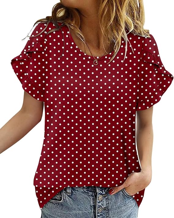 CRAZY GRID Women's Shirts Summer Casual Crewneck Ruffle Short Sleeve Blouses Cute Floral Print Tunic Tops