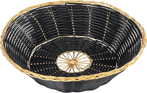 New Star Foodservice 44232 Cesta redonda de polipropileno tejida a mano (juego de 12), 8" x 2.5", negro con borde dorado.