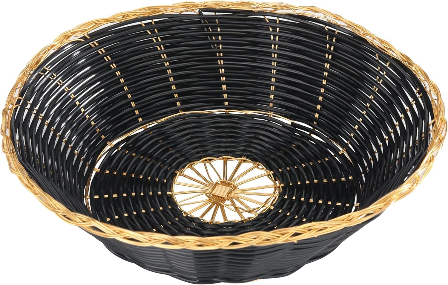 New Star Foodservice 44232 Polypropylene Round Hand Woven Food Basket (Set of 12), 8" x 2.5", Black with Golden Trim
