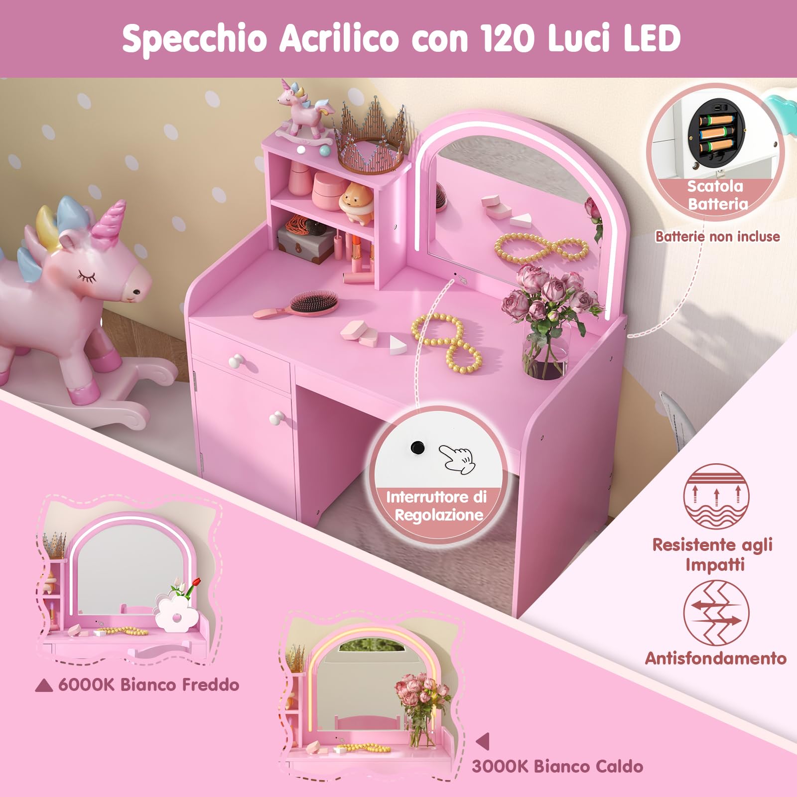 RELAX4LIFE Toeletta Trucco per Bambina con Luci LED, 2 Colori, Specchiera Trucco con Sgabello, Mensole e Cassetto, Toeletta in Legno, per Bambini 3+ Anni (Rosa, L)