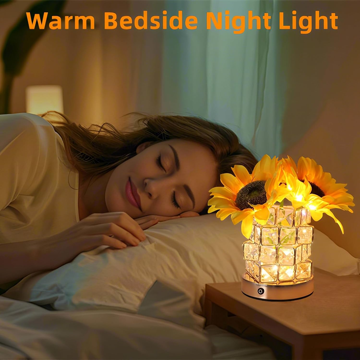 Sunflowers Flower Lamp,Rechargeable Cordless Touch Table Lamp for Bedroom,3-Colour Dimming Small Night Light,Crystal Bedside Lamps with USB Charge,Birthday Valentines Day Gifts for Women,Mom,Wife