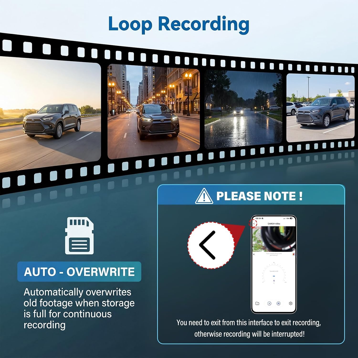 CAMECHO Dashcam 4K con telecamera posteriore per auto, 1080P, 30 fps, Wi-Fi, video con sensore G, registrazione in loop, accessori OEM