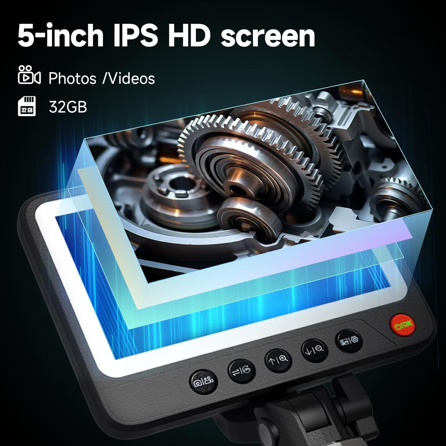 Two-Way Articulating Endoscope with Light, Industrial Endoscopic with 5" IPS Screen,6.4mm IP67 Waterproof Borescope,Snake Camera with 3.28FT Semi-Rigid Cable,32GB SD Card