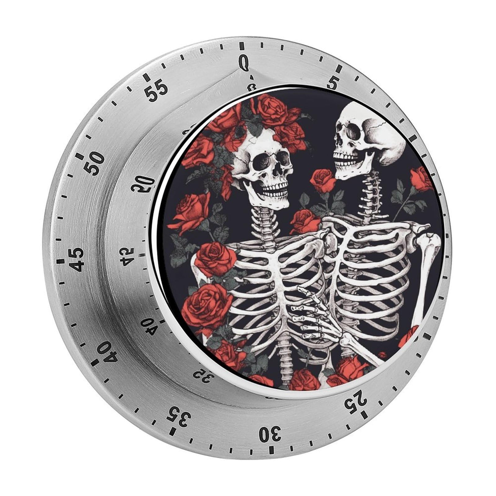 Rose and Skeleton Timer Loud Mechanical Timer Stainless Steel 60-Minute Kitchen Timers Waterproof Chef Cooking Timers Sport Countdown Clock Portable Countdown Alarm Adult