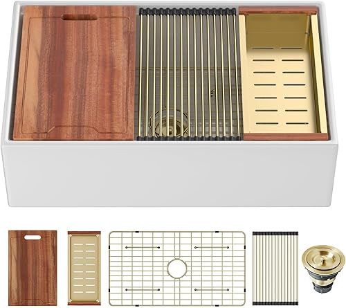 Vista 40 de Fregadero de 33 unidades de arcilla refractaria de 33 x 20 x 10 pulgadas, color blanco, fregadero de cocina de porcelana de cerámica, estilo casa