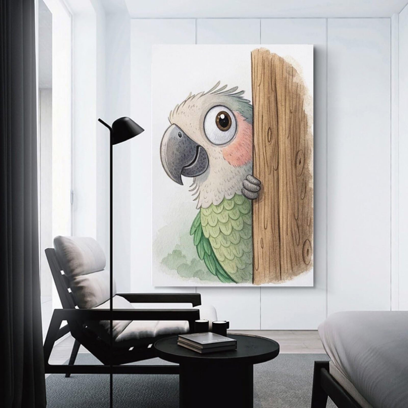 Junmoney Cute Parrot Peeking from Behind A Tree Home Decor Wall Art, 24x36inch(60x90cm), for Home, Office, Studio Or Guest Room, An Adaptable Decor Piece for Home Use