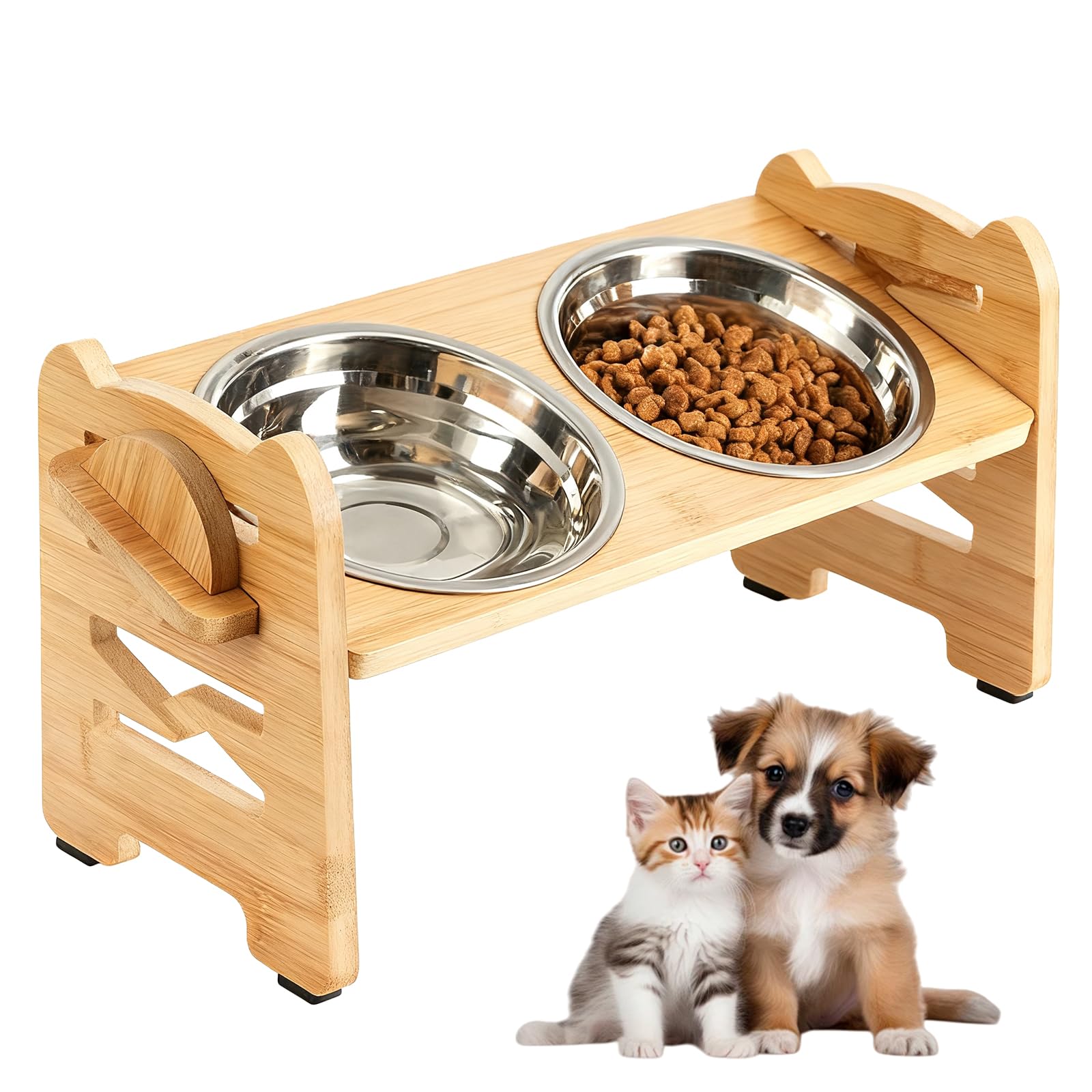 Ciotola per cani e gatti, in acciaio inox, rialzata a 15°, regolabile in altezza, in bambù, con 2 ciotole in acciaio inox, per cani e gatti