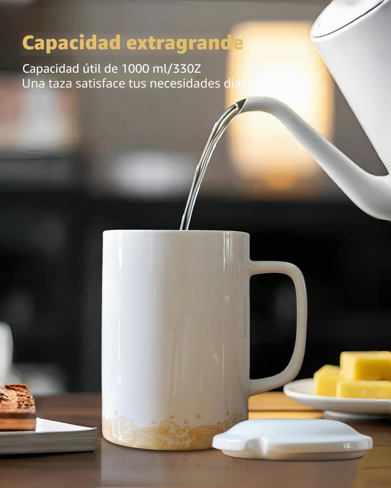 Taza de Café Gigantes Grande de Cerámica 1000 ml, Blanco | Tazas enormes, mug muy grande XXL con tapa y cuchara, aptas para lavavajillas y microondas, para café, té, oficina y hogar