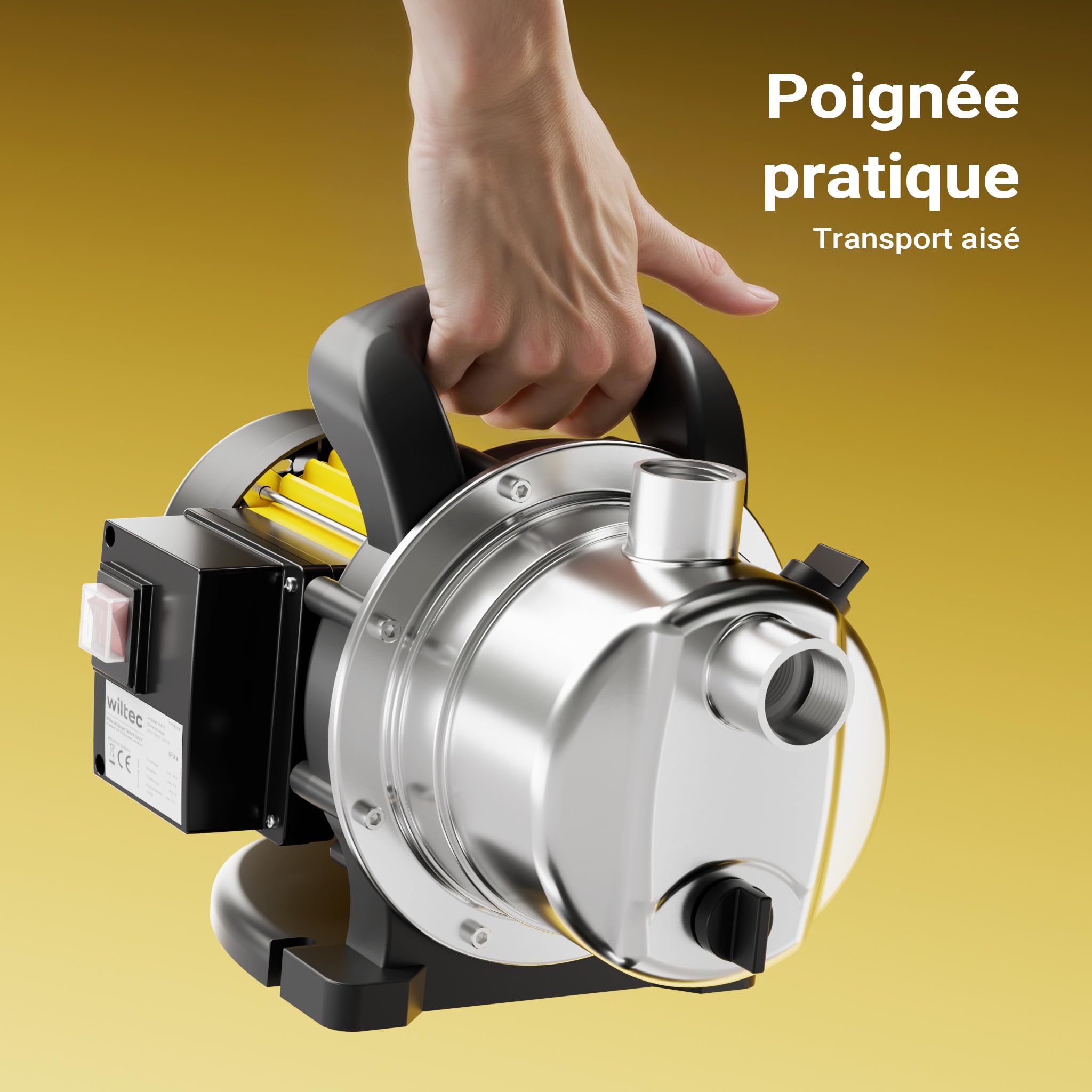 Wiltec Pompe de jardin – 3800 l/h / 1200 W – Hauteur de débit 48 m – en Acier fin – pour Eau douce de puits – avec Poignée de transport & Vis de purge