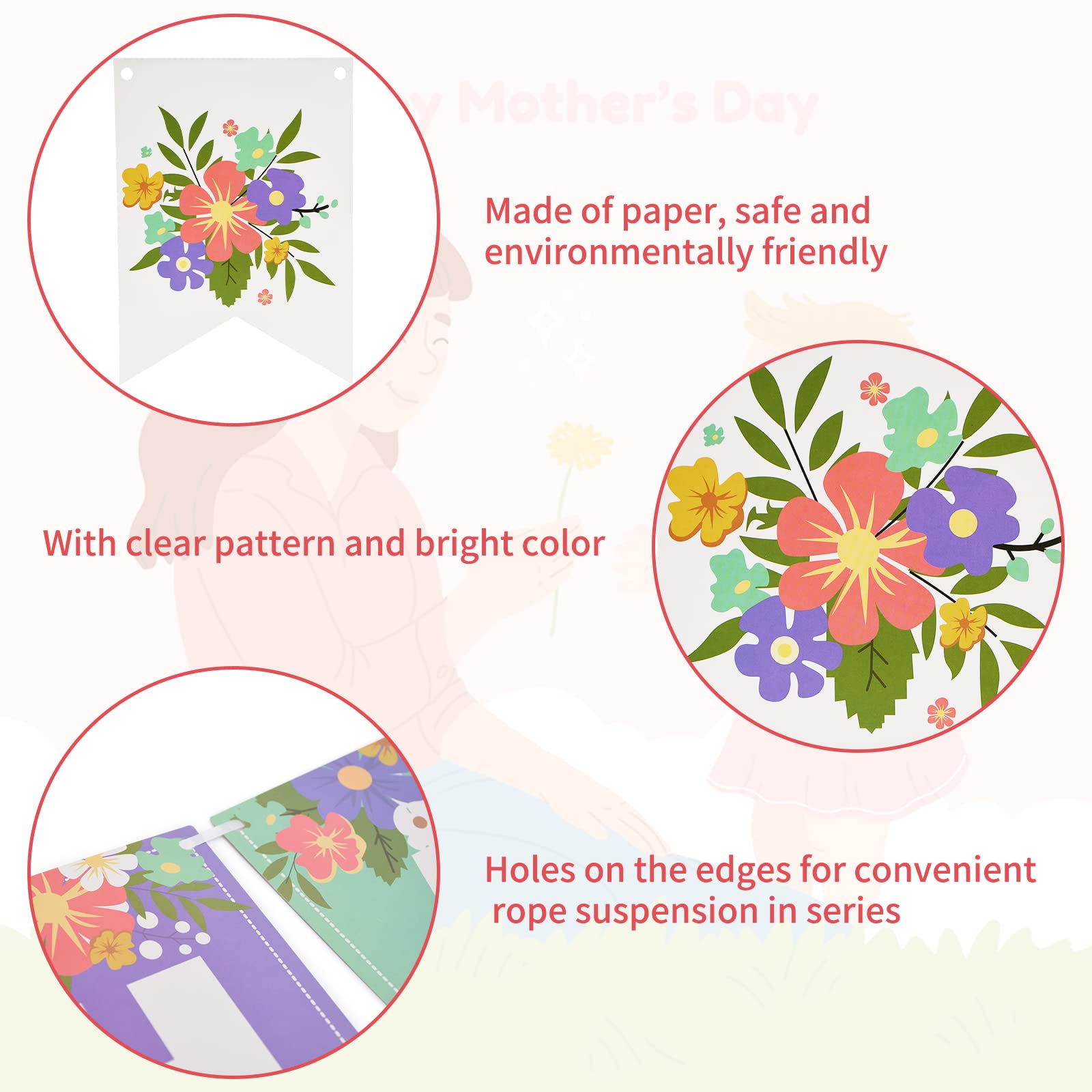 Festone Festa della Mamma Striscione Happy Mother's Day Rosa Forma Fiore Ghirlanda Bandiera Carta Decorazione Festa Mamma