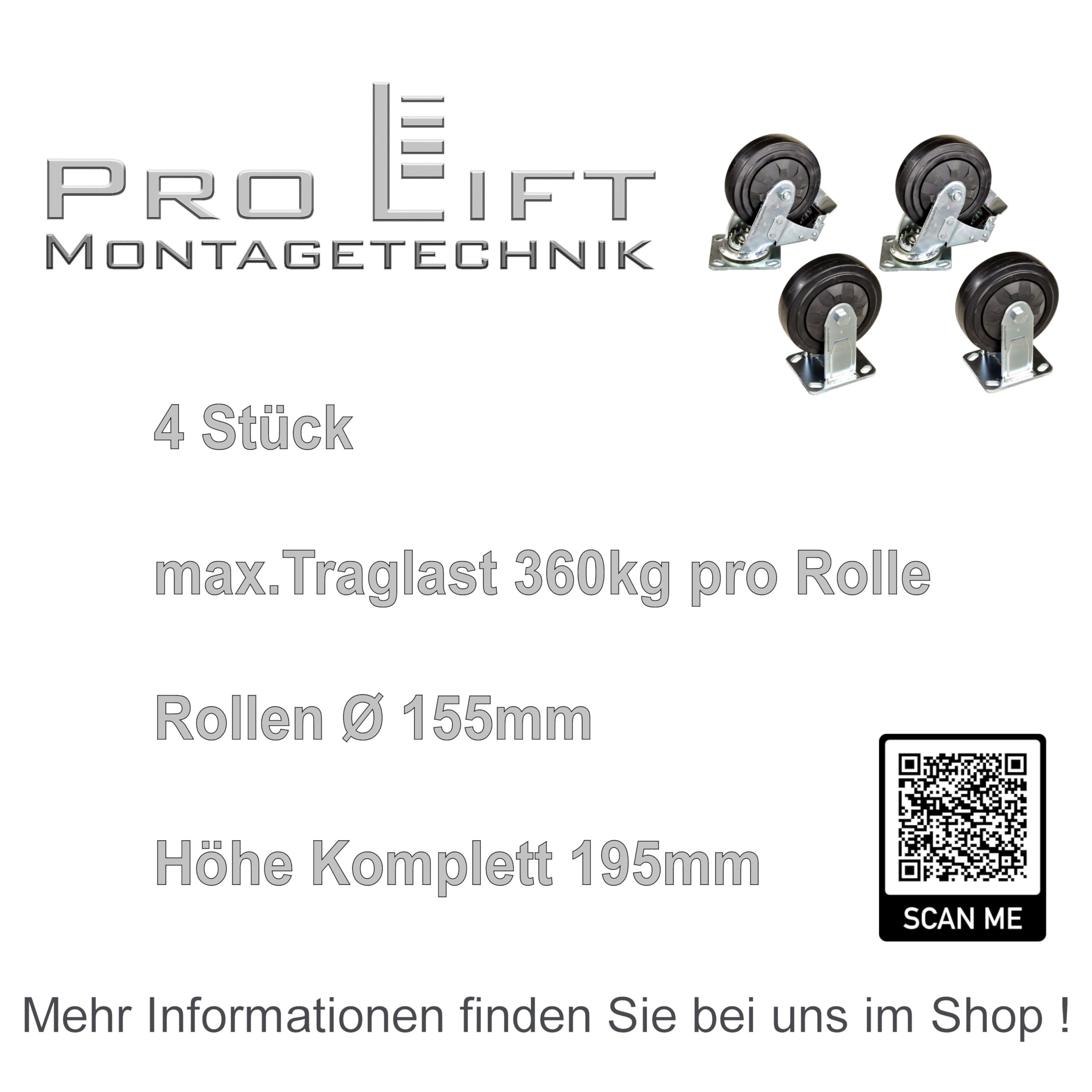 4 Stück: je 360kg Schwerlastrollen, 2 Lenkrollen + 2 Bockrollen, Doppelbremse, 01675