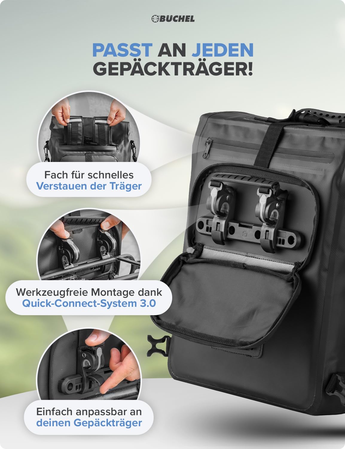 Büchel 3in1 Fahrradtasche für Gepäckträger, nutzbar als Rucksack, Umhängetasche oder Gepäckträgertasche | Fahrrad Tasche Wasserdicht & Reflektierend | mit 22L Kapazität und Anti-Rutsch Boden