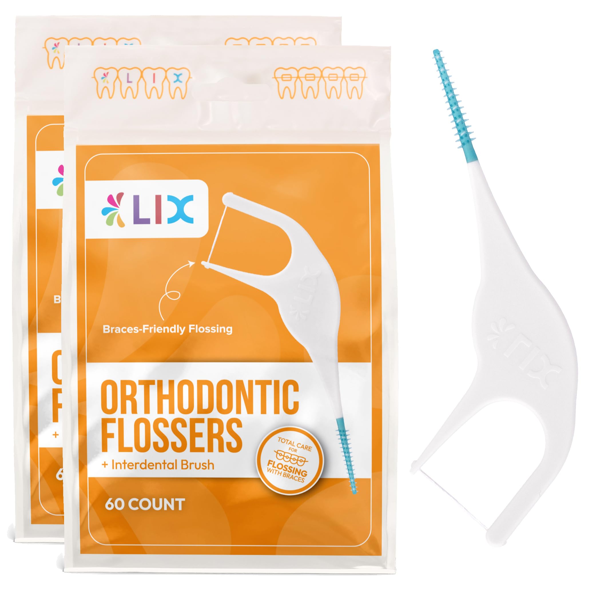 LIX Orthodontic Flossers for Braces with Interdental Brush, 120 Unflavored Floss Picks for Braces Cleaning