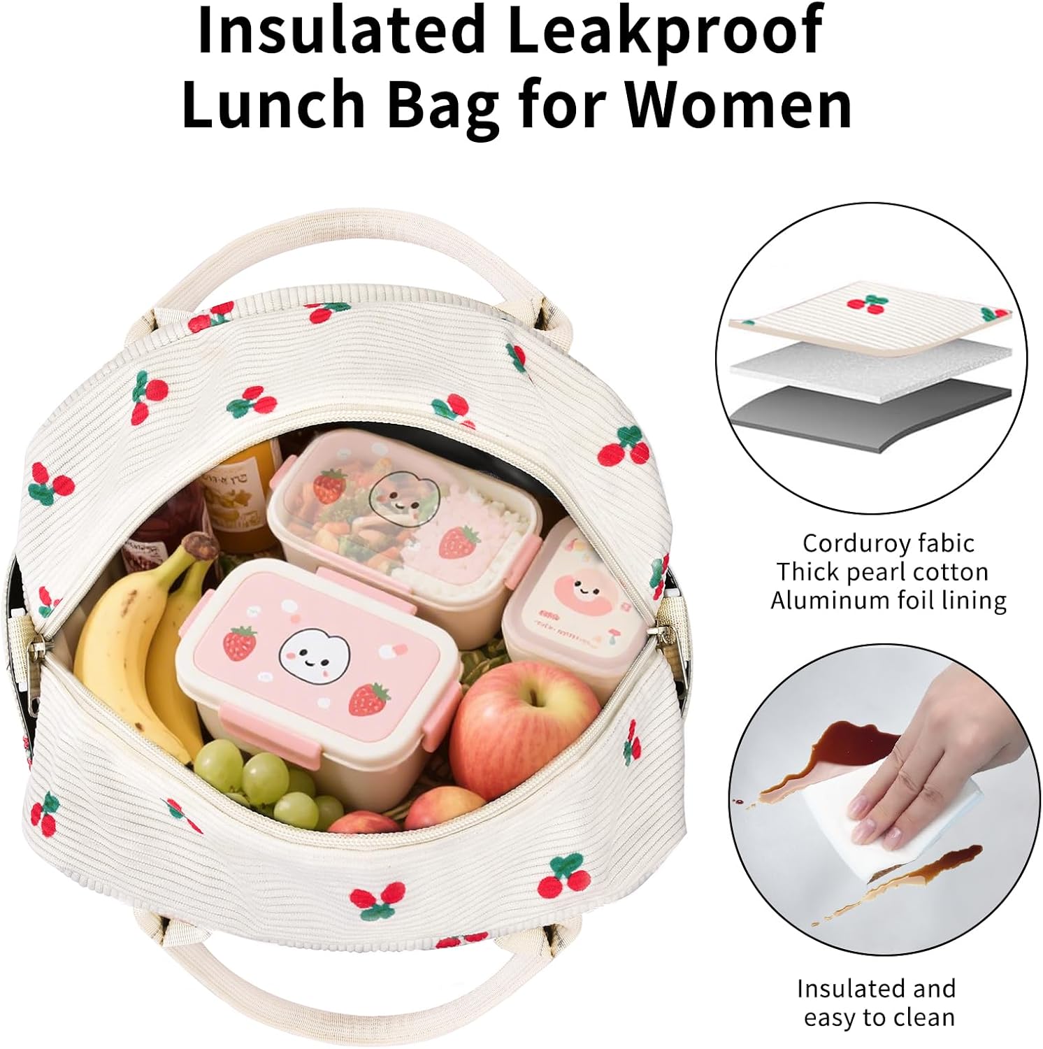 Lunch Bag Women Lunch Box for Women Adult Cute Insulated Lunch Bag Lager Cooler Lunch Tote Bags for Work Picnic (Beige-Cherry) - Image 5