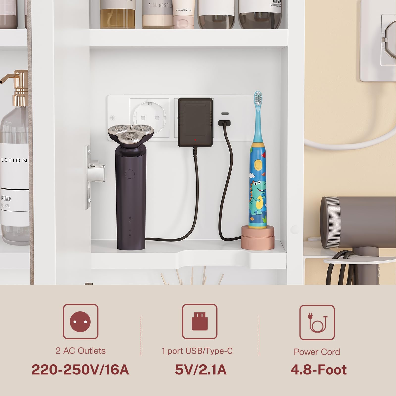 TEENFON Specchio Bagno Contenitore con Luce LED e Presa Elettrica, Mobile Bagno a Specchio con 3 Ante e Gancio Asciugacapelli, 3 Temperature di Luce Dimmerabili a Touch, Ripiani Regolabili, Bianco