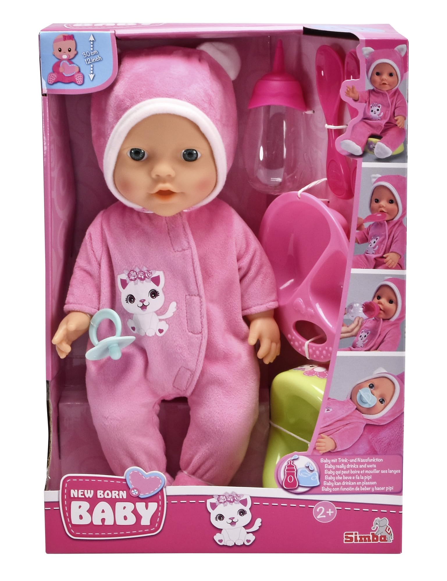 Simba 105030519 New Born Baby Kitty Onesie, Full Vinyl Doll with Drinking and Wet Function in Cute Cuddly Onesie, 6 Pieces, 30 cm, from 2 Years
