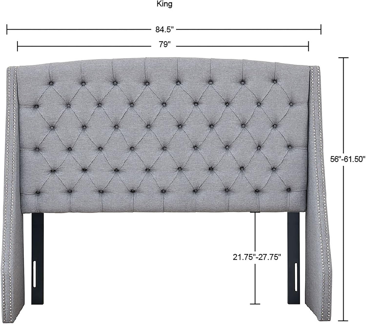 Madison Park Harper Upholstered Nail Head Trim Wingback Button Tufted Headboard Modern Contemporary Metal Legs Padded Bedroom Décor Accent, King Grey