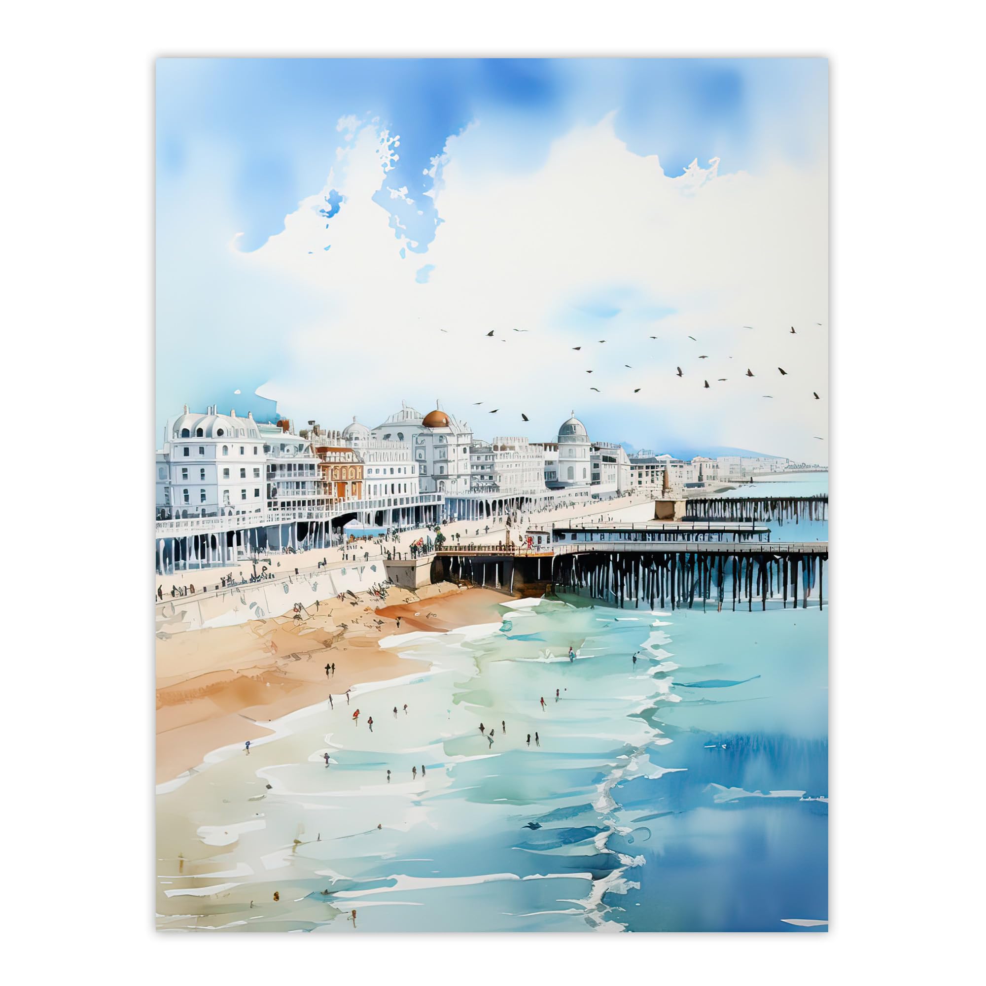Artery8 Brighton Beach Watercolour Painting Orange Blue Busy Promenade Coastal City Landscape Extra Large XL Wall Art Poster Print