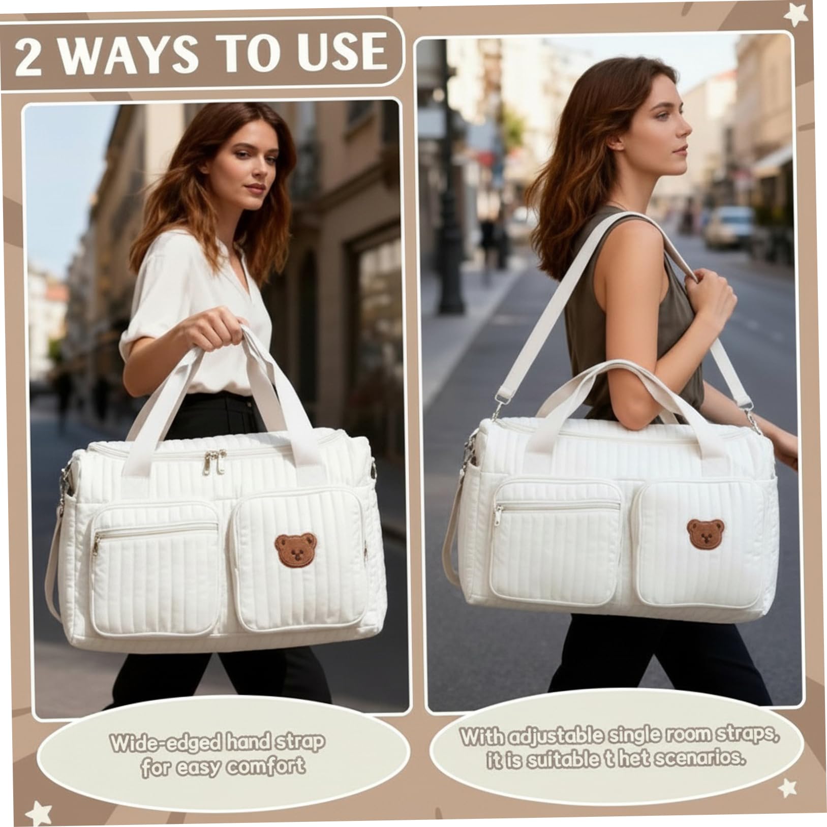 Sac de sport matelassé, sac de voyage pour bébé capacité avec broderie d'ours mignon pour les voyages à l'hôpital et en week-end, 18, 9 x 10, 2 x 8, 7 pouces, décoration la maison