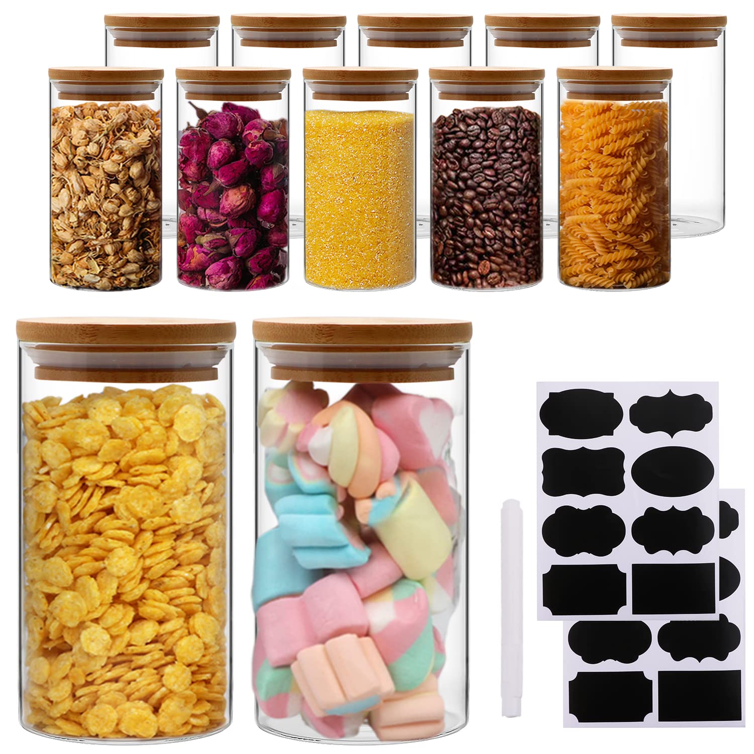 Encheng 10 OZ Clear Glass Spice Jars with Bamboo Lids,300ML Airtight Kitchen Food Storage Jars,Versatile Glass Seasoning Jars Container for Pantry,Kitchen,12 Pack