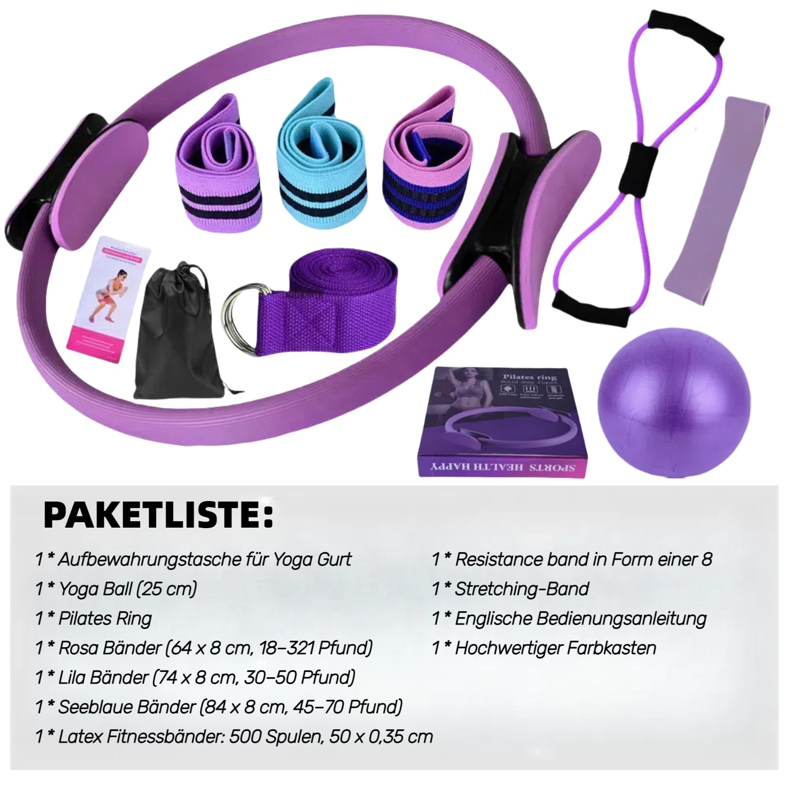 Pilates Ring Set, 8 Teiliges Pilates Set für Zuhause mit Yoga Ball,Fitnessbänder,Pilatesring und Weiterem Pilates Zubehör,Pilates Kit Fitnessgerät für Heimtraining und Studio Workout