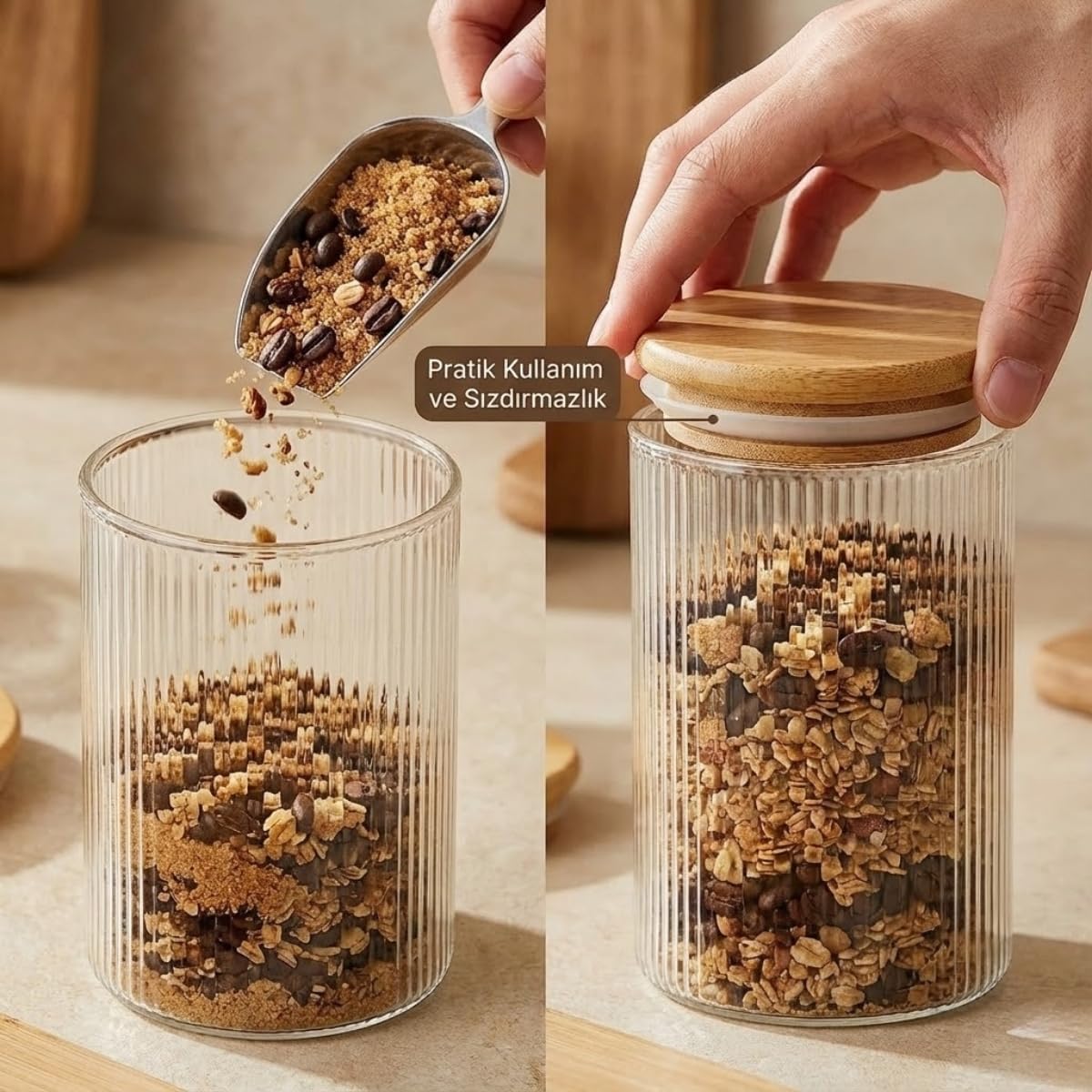 bambu kapak, cam kavanoz, kare kavanoz, 200 ml kavanoz, sızdırmaz kapak, baharat kavanozu, gıda saklama, mutfak düzenleyici, çizgili cam
