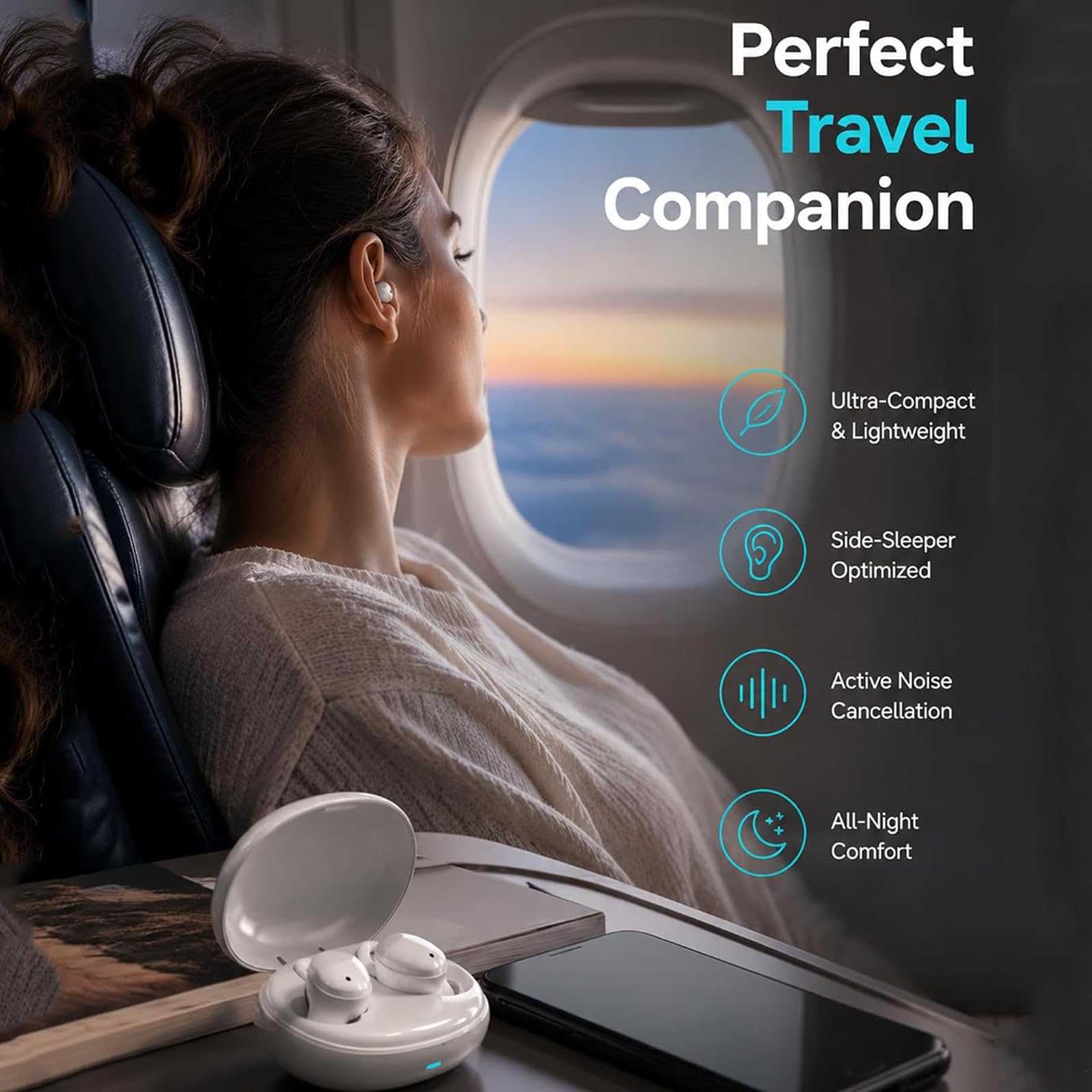 Auriculares ANC InvisibleFit para Dormir, Auriculares ANC para Dormir De Lado, Auricular Inalámbrico con Cancelación De Ruido Mini Compacto, Ideal para Relajación, Sueño Reparador (White)