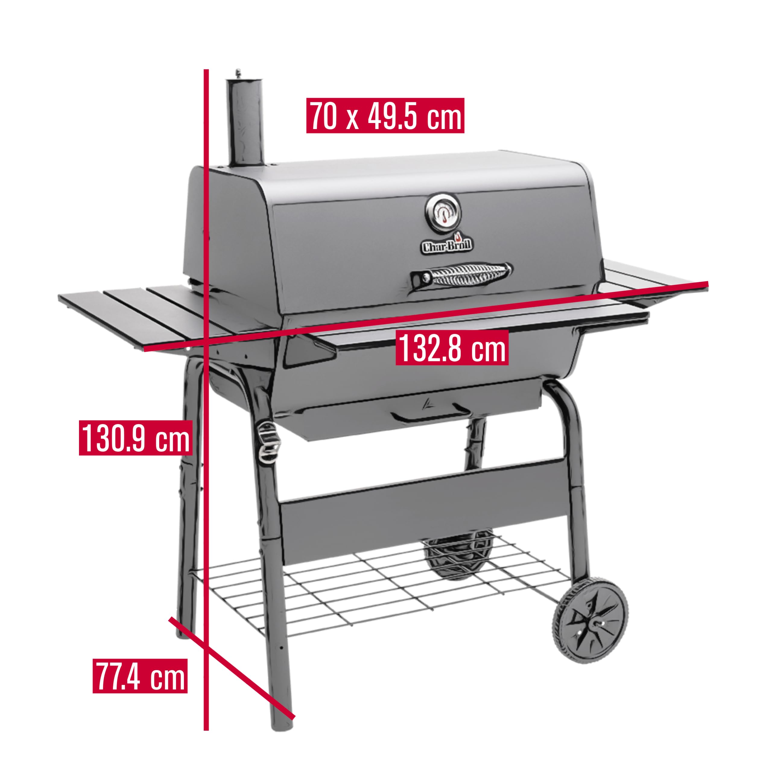 Char-Broil Barbecue a Carbone Charcoal L con Griglia Regolabile e Camino | Ideale per +6 persone, Termometro, Raccogli cenere, Grandi ruote, Ripiani con ganci, Compatibile con Charcoal 2Go