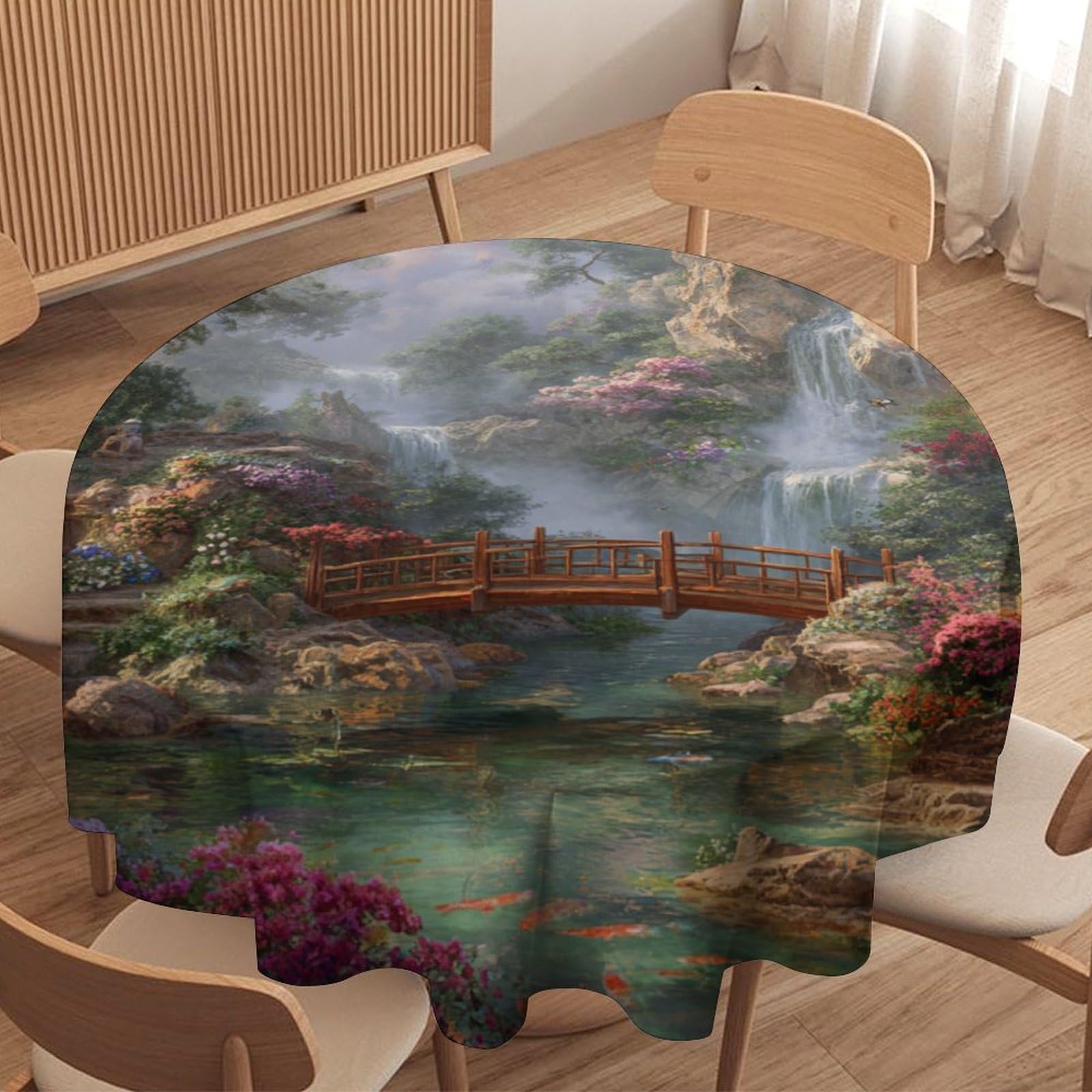 LUYYSKY Fantasy Aesthetic Spring Garden Waterproof Round Tablecloth Modern Art Japanese Wooden Bridge Flowers Birds Waterfall Washable Table Cover for Kitchen-91.4" Wx91.4 L cm