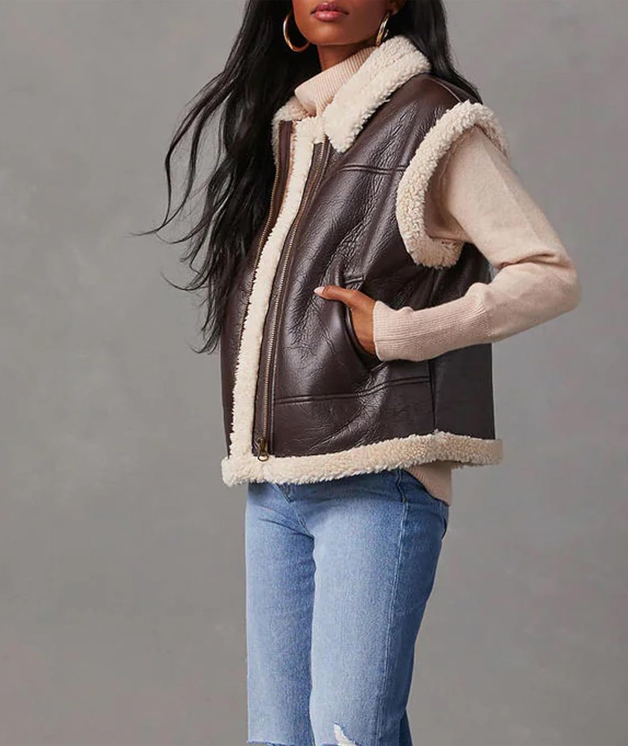 Sexyshine Women's Faux Leather Shearing Sherpa Vest Sleeveless Zip Up Fleece Lined Jacket Coat with Pockets - Image 2