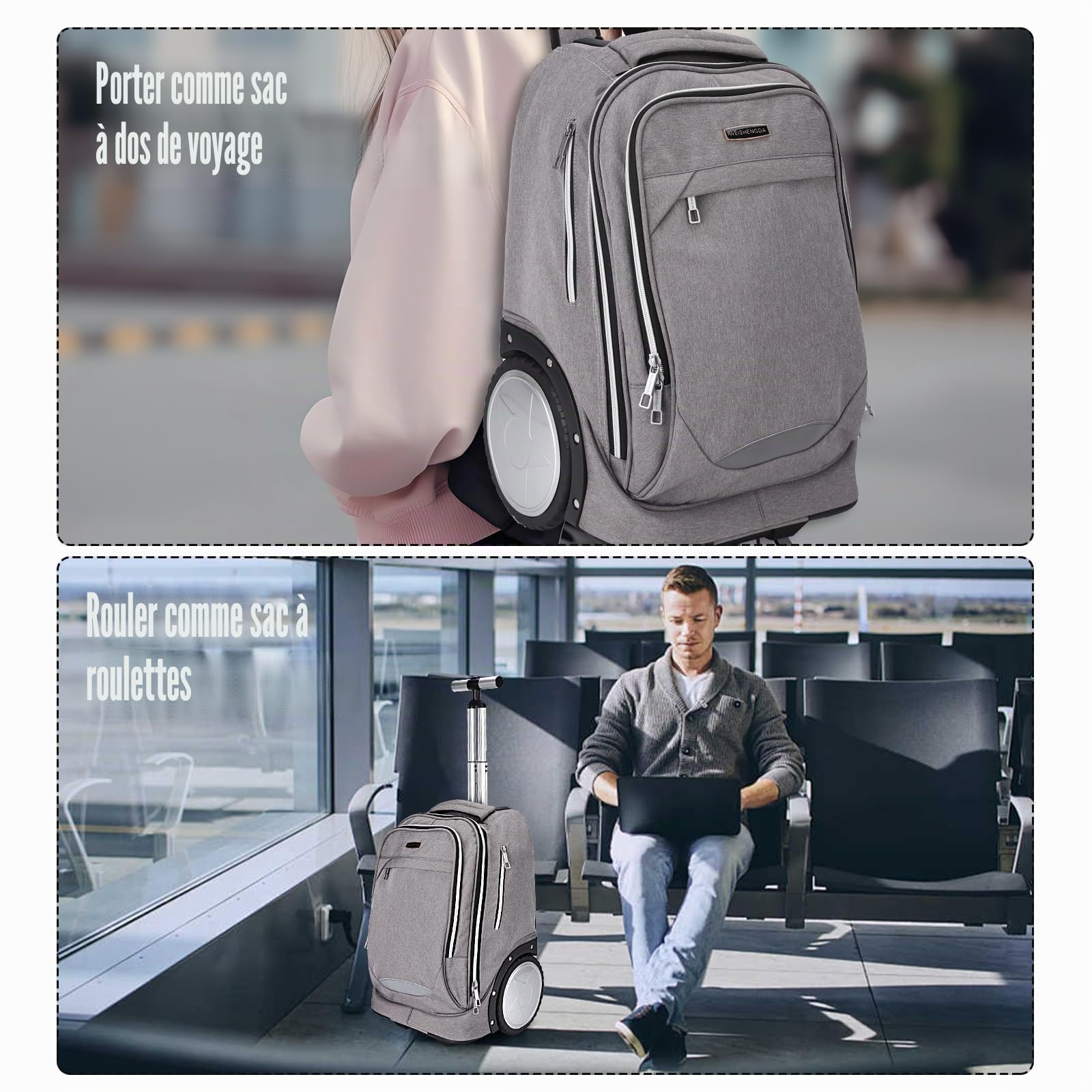 Hivexagon Sac à Dos à roulettes, Sac à Dos Roulant avec Roues de 7 Pouces – Poignée télescopique renforcée,Compartiment pour Ordinateur Portable, Idéal pour Les Affaires et Les Voyages – Gris