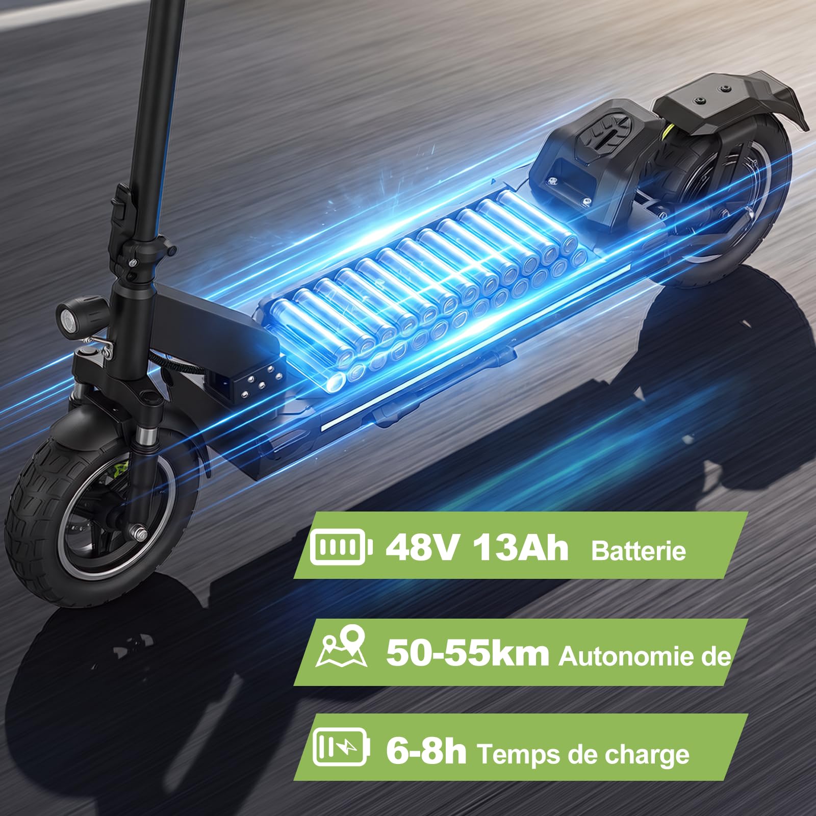 TODIMART Trottinette Électrique Adulte, Jusqu’à 55-80 km, Batterie 48V 13/18.2 Ah, Pneus Tout Terrain de 10 Pouces, Moteurs 500W/1000W*2, Double Suspension, Double Frein à Disque, Pliable
