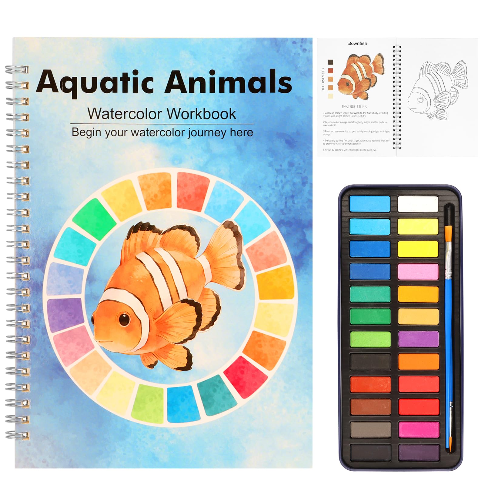 BLSFXROE Wassermalbuch Set mit 24 Farben Aquarellfarben (Ozean) | Dickes Papier, Kein Verziehen, Tragbares Mal-Set, Zum Entspannen, für Erwachsene & Anfänger