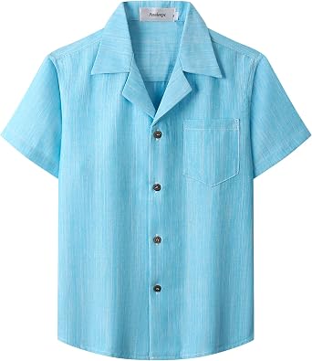 Boys Button Down Cuban Collar Shirt Chambray Short Sleeve Casual Hawaiian Shirt Vintage Fashion Clothes with Pocket
