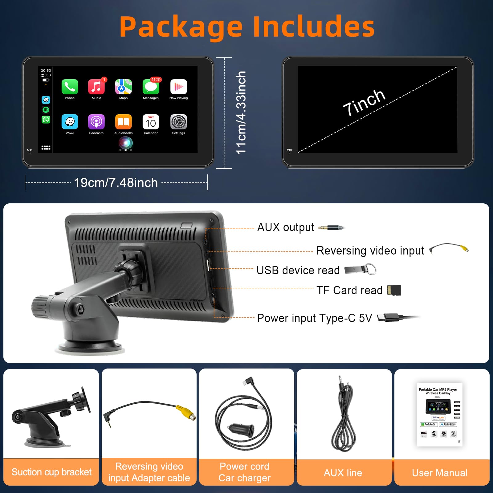 Schermo Per Auto Portatile con Carplay Wireless Andriod Auto,Display da 7 Pollici HD Touchscreen,Autoradio with Mirror Link, Bluetooth, Voice Control, Navigazione GPS,FM Trasmettitore, AUX, Airplay