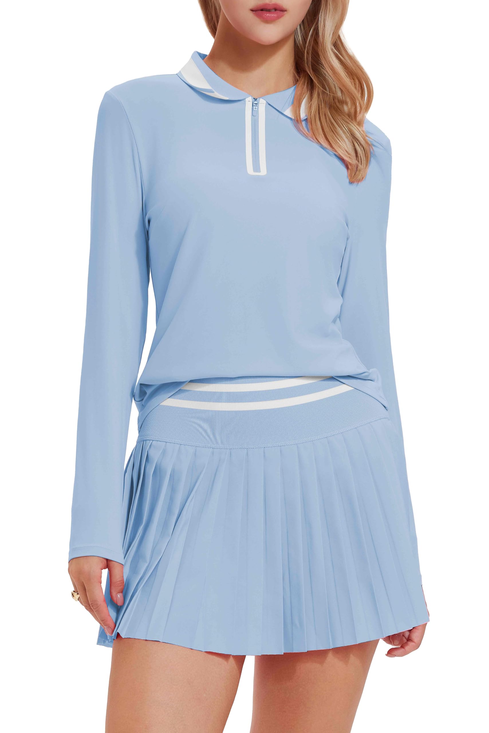 Tennis Skirt Sets for Women Zipper Color Block High Waisted Golf Polo Two Piece Skirt Set Women 2 Piece Outfits