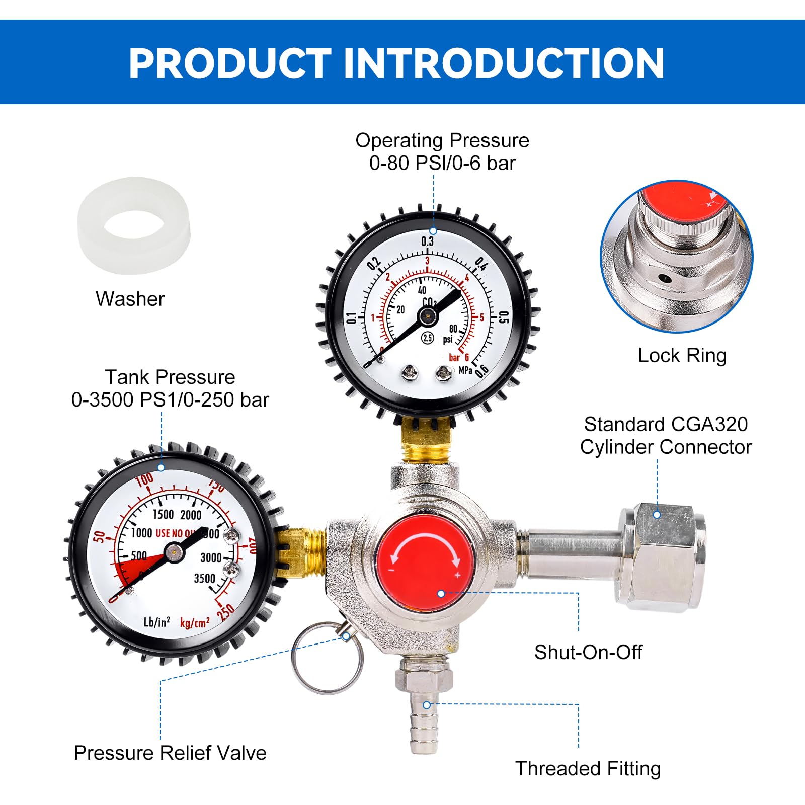 Regulador de Presión CO2, Sistema Dispensador de Cerveza Reductor de Presión con 2 Manómetros Conexión W21.8 x 1/14" Reductor de CO2 para Elaboración de Cerveza