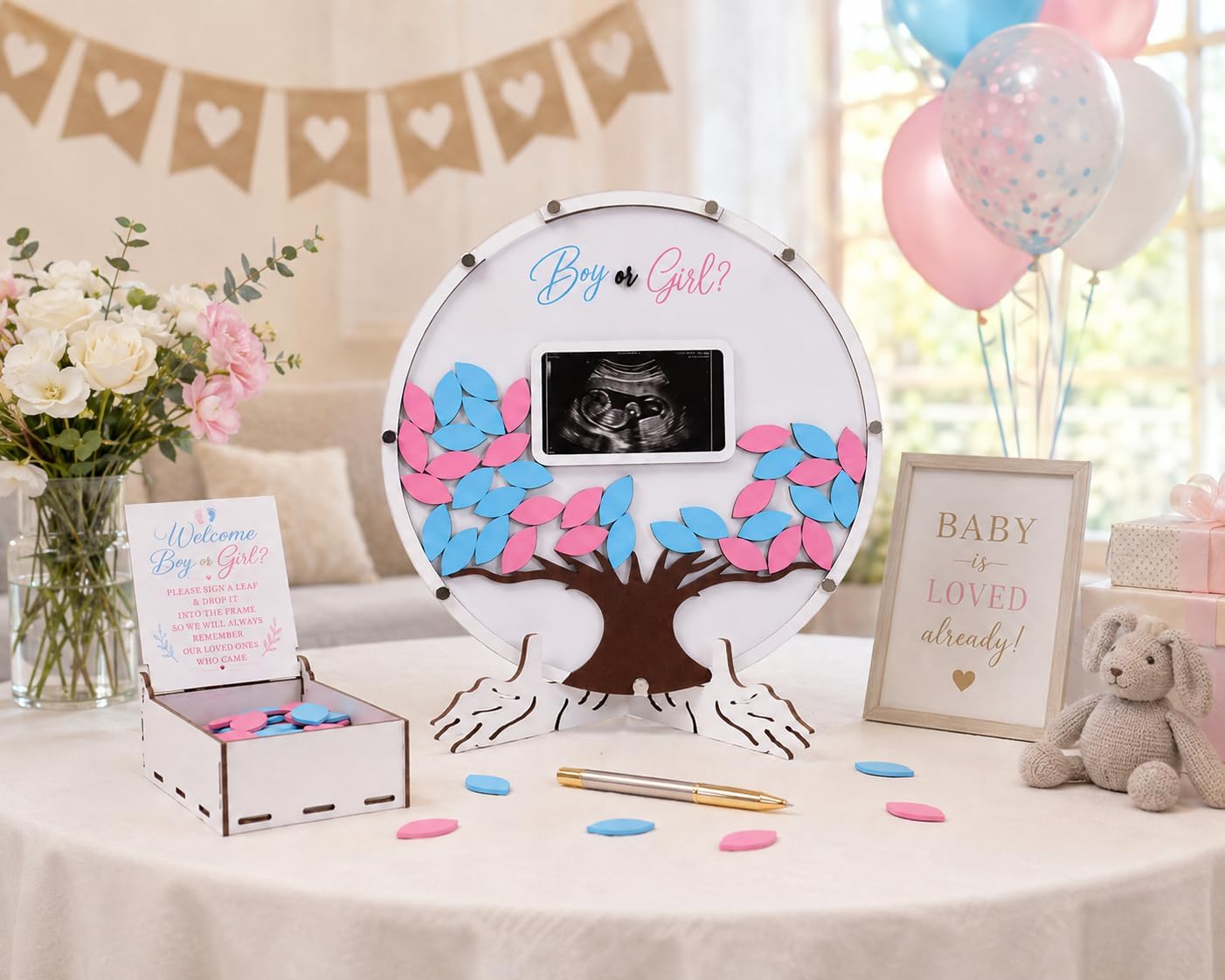 63PCS Gender Reveal Guest Book, Baby Shower Sign in Guest Book with Ultrasound Photo Display, Boy or Girl Voting Game, Wooden Keepsake Box, Stand & Pen