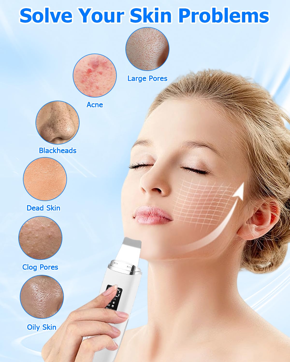 Pulizia Viso Ultrasuoni, Viene Fornito con 4 Modalità Viso e Intensità Regolabile, Skin Scrubber, Luce Rossa e Blu, Display LED e Funzione di Spegnimento Automatico, Skin Scrubber Ultrasuoni