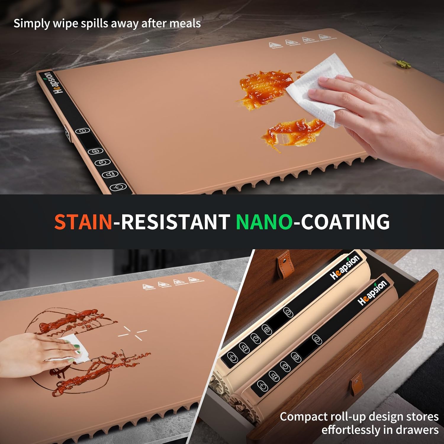 Heapsion Food Warming Mat, Electric Plate with 6 Level Temp 5 Hour Timer, 24x15'' Roll-Up Portable Warming Tray for Dinner Parties, Gatherings, and Holidays（Brown）