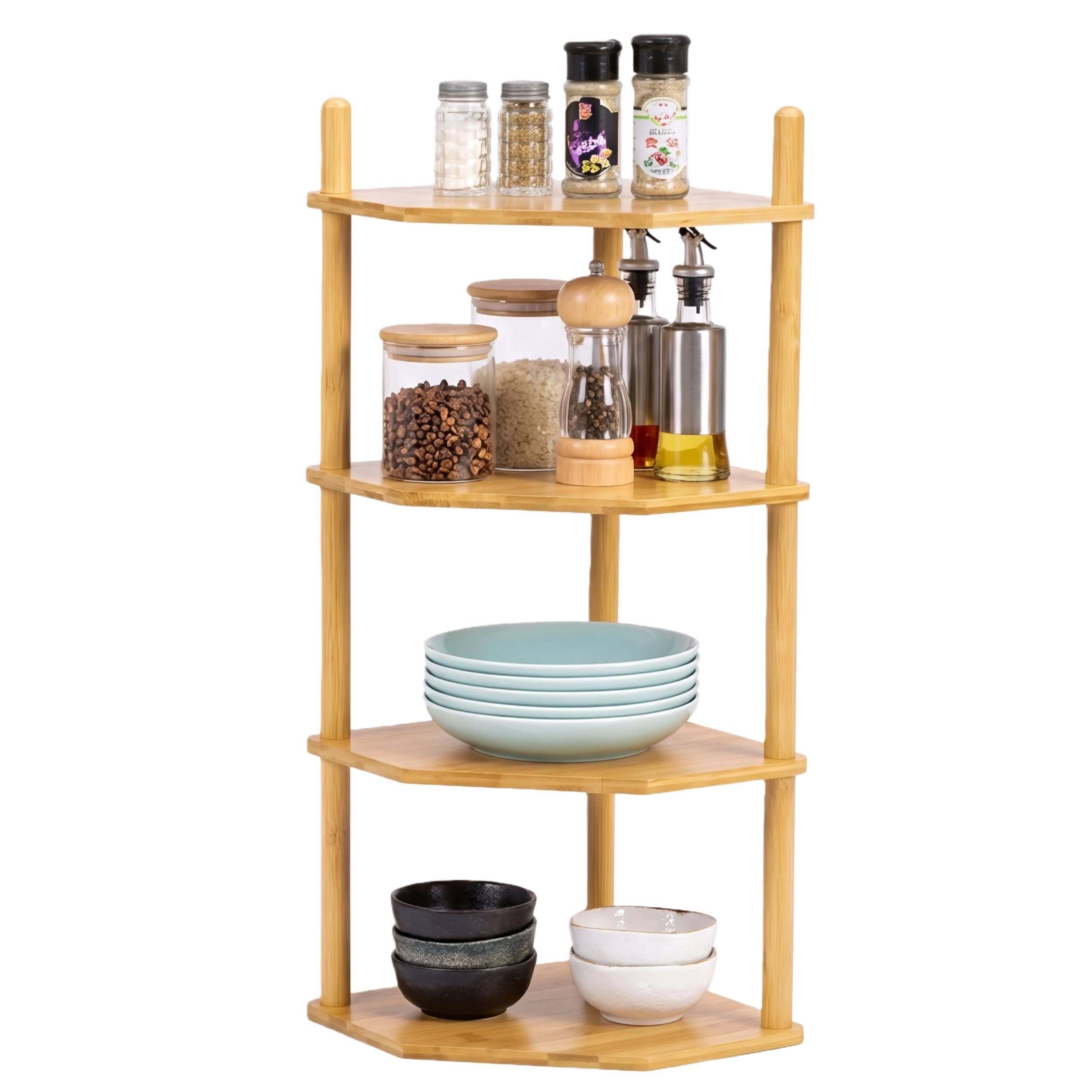 WooFawn 4 Tier Expandable Bamboo Corner Shelf - Dish/Plate Organizer for Cabinet, Kitchen Counter Shelf & Small Kitchen Shelf, Adjustable (1, 4Tier-