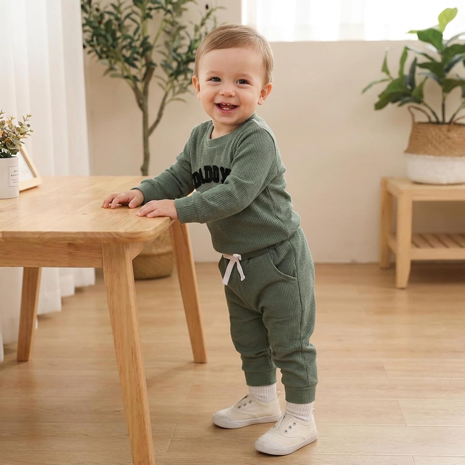 Kupretty Baby Boy Clothes 3 6 12 18 Months Fall Winter Outfit Mama's Boy Embroidery Waffle Long Sleeve Romper Pants Set - Image 3