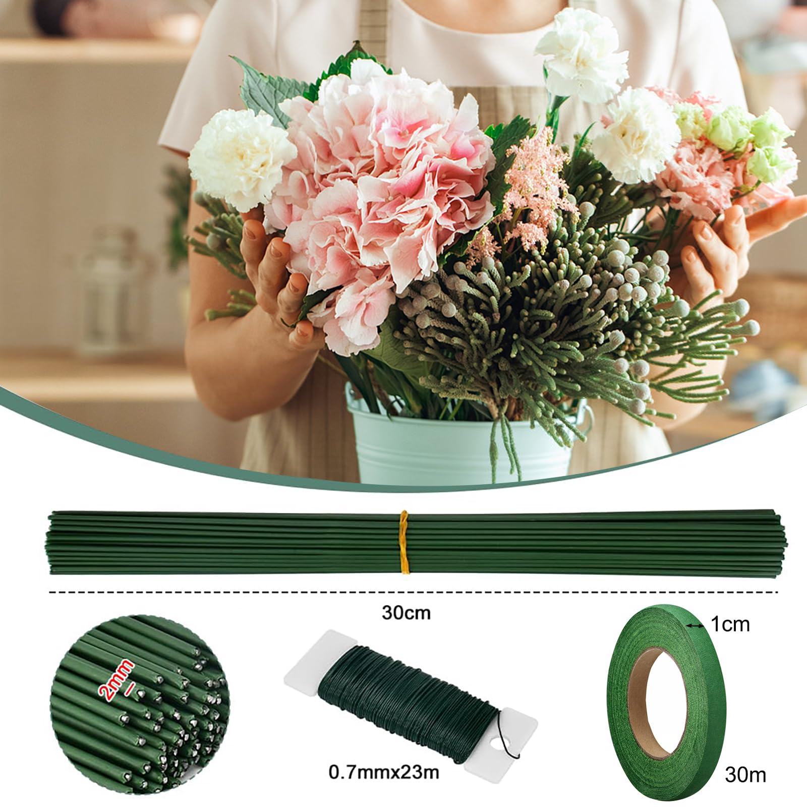 100 Stück Blumendraht Grün, 2 Mm X 30 Cm, Mit Floristenband – Flexibler Basteldraht Für Blumenarrangements & DIY